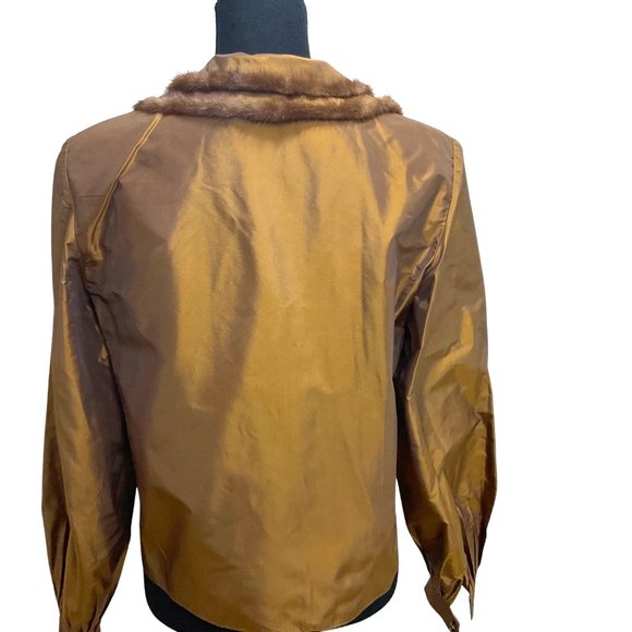Fur Trimmed Taffeta Blouse 90s Y2K Dark Gold V-Neckline Button Front - Picture 2 of 6